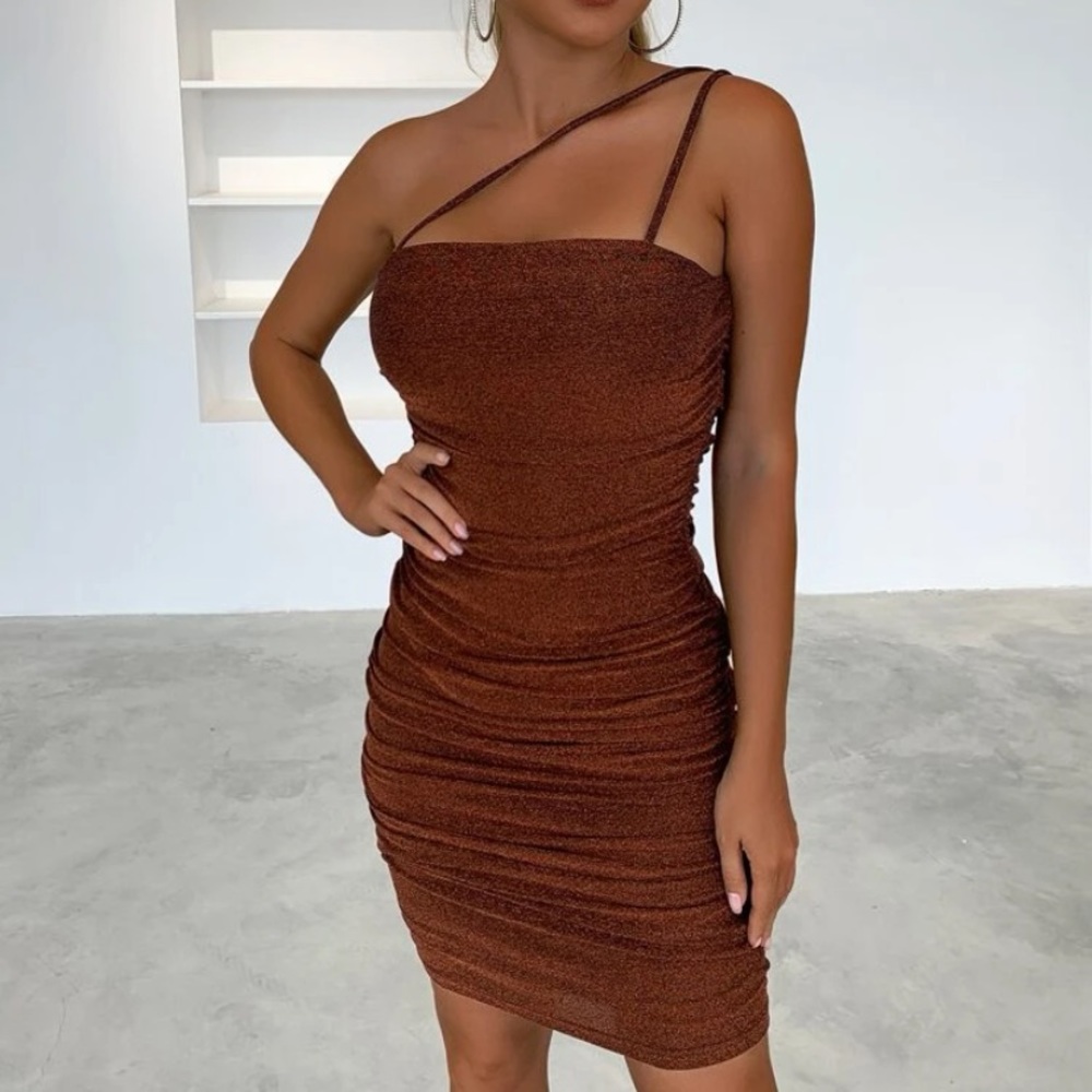 One shoulder ruched glitter bodycon dress